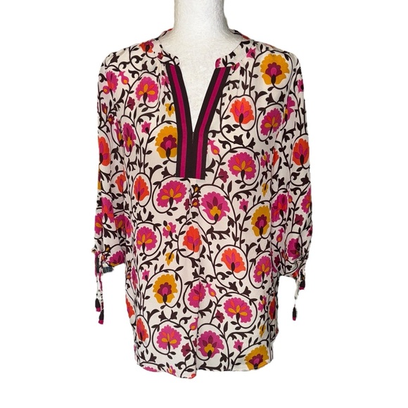 Rungolee Silk Floral Print Tie Sleeve Tassel Tunic Top Blouse - S - Picture 1 of 10